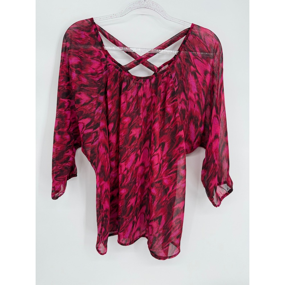 Express Pink Black Abstract Feather Print Crisscross Back Dolman Blouse Sz L